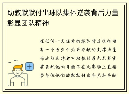 助教默默付出球队集体逆袭背后力量彰显团队精神