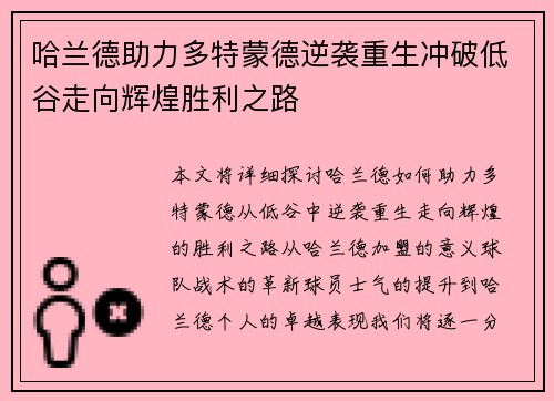 哈兰德助力多特蒙德逆袭重生冲破低谷走向辉煌胜利之路