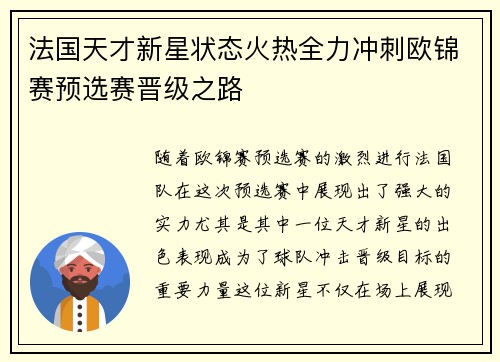 法国天才新星状态火热全力冲刺欧锦赛预选赛晋级之路