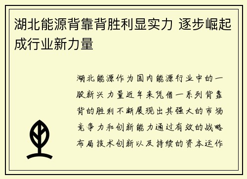 湖北能源背靠背胜利显实力 逐步崛起成行业新力量