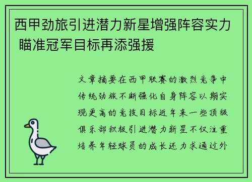 西甲劲旅引进潜力新星增强阵容实力 瞄准冠军目标再添强援