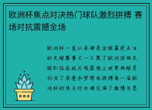 欧洲杯焦点对决热门球队激烈拼搏 赛场对抗震撼全场