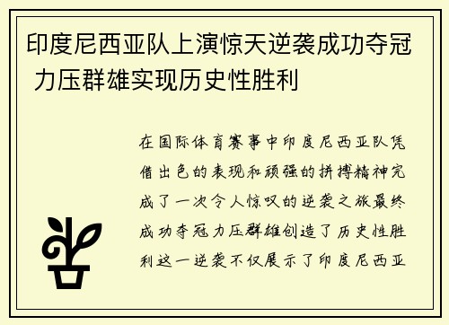 印度尼西亚队上演惊天逆袭成功夺冠 力压群雄实现历史性胜利