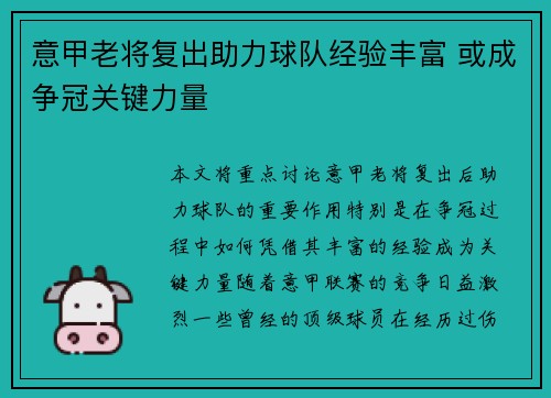 意甲老将复出助力球队经验丰富 或成争冠关键力量
